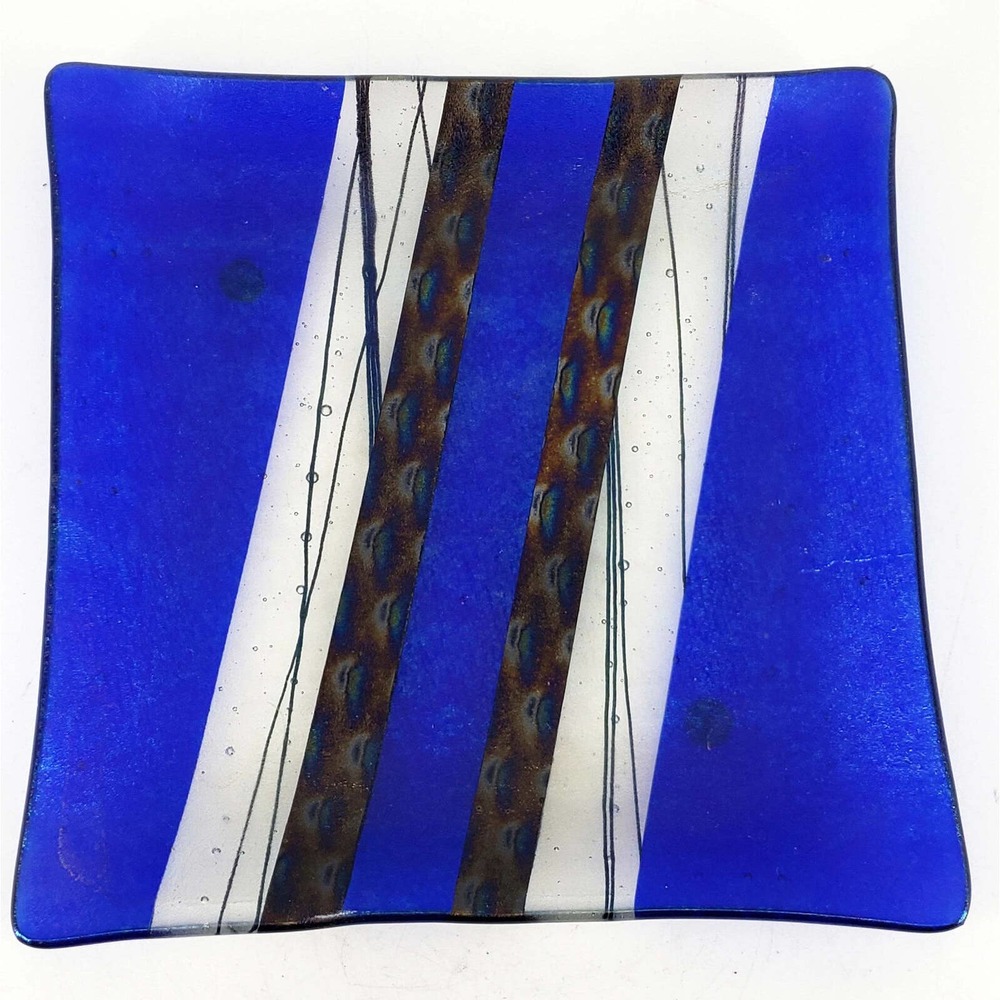 CHRIS PAULSON '91 Signed Ocean Blue METALLIC Art Glass Serving Tray Plate